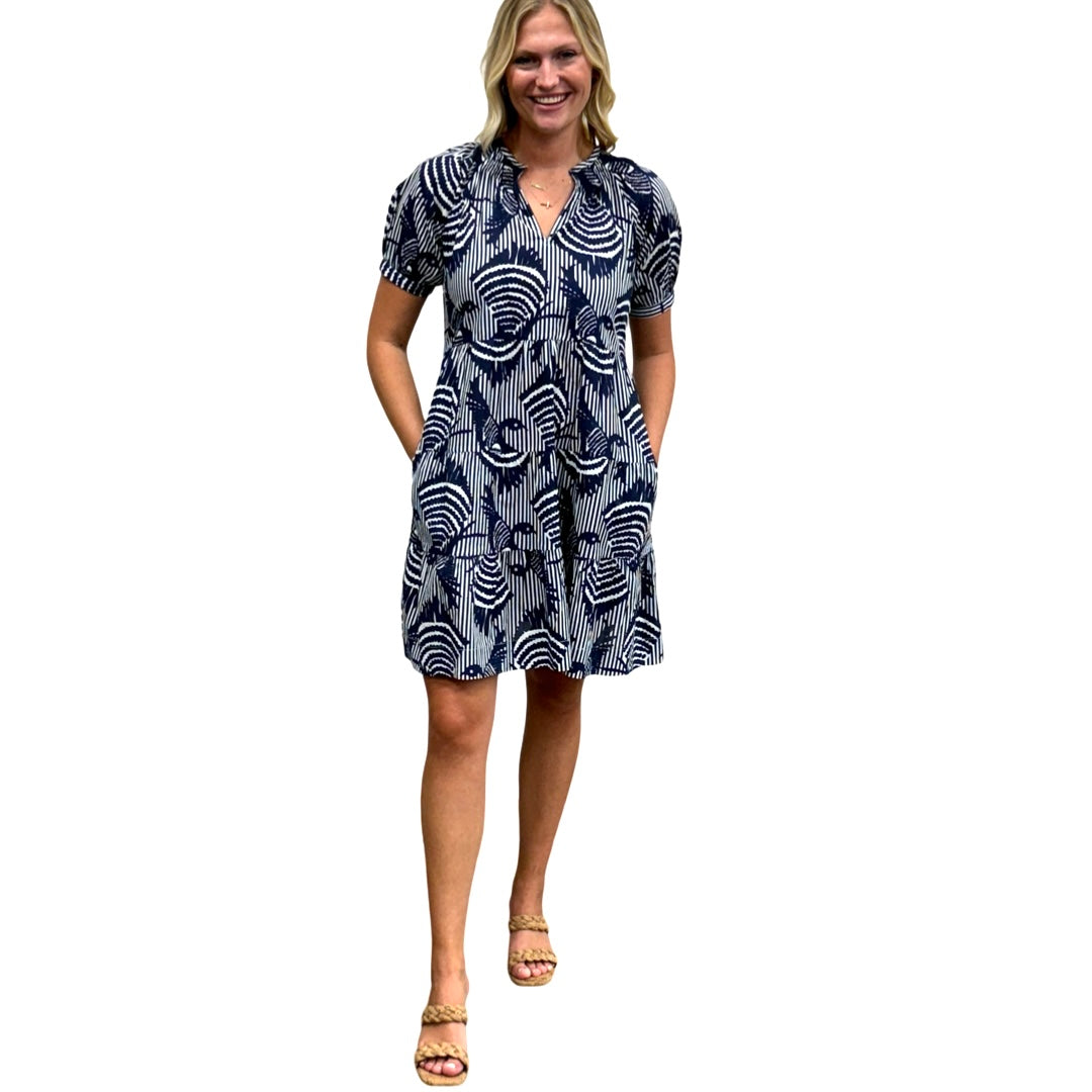 The Dahlia Smocked Neck Dress in Navy Striped Bird Print — view 2