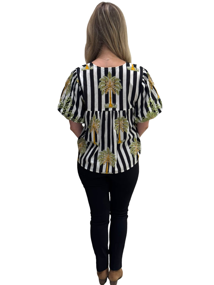 The Poppy Striped Palm Print Top in Black and White — view 5
