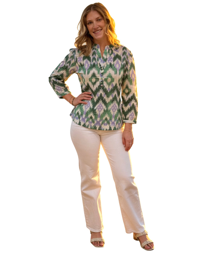 The Addison Purple Green Ikat Button Front Tunic — view 5