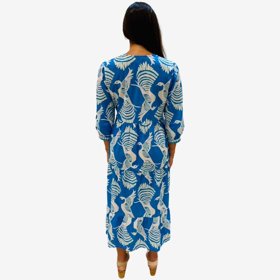 The Daniella Embroidered Trim Cotton Dress in Blue Green Bird Print — view 6