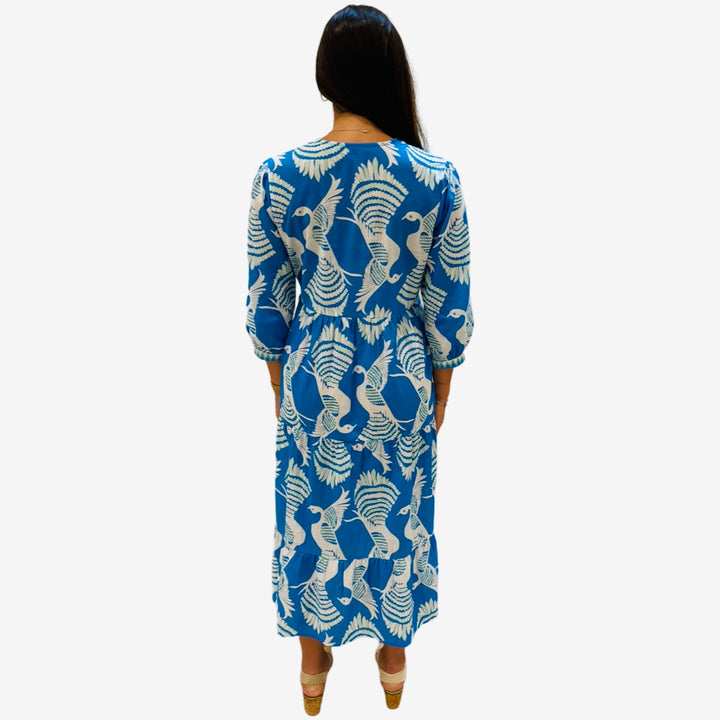The Daniella Embroidered Trim Cotton Dress in Blue Green Bird Print — view 6