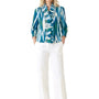 The Amelia Ruffle Front Smocked Top in Green Blue Geometric Ikat