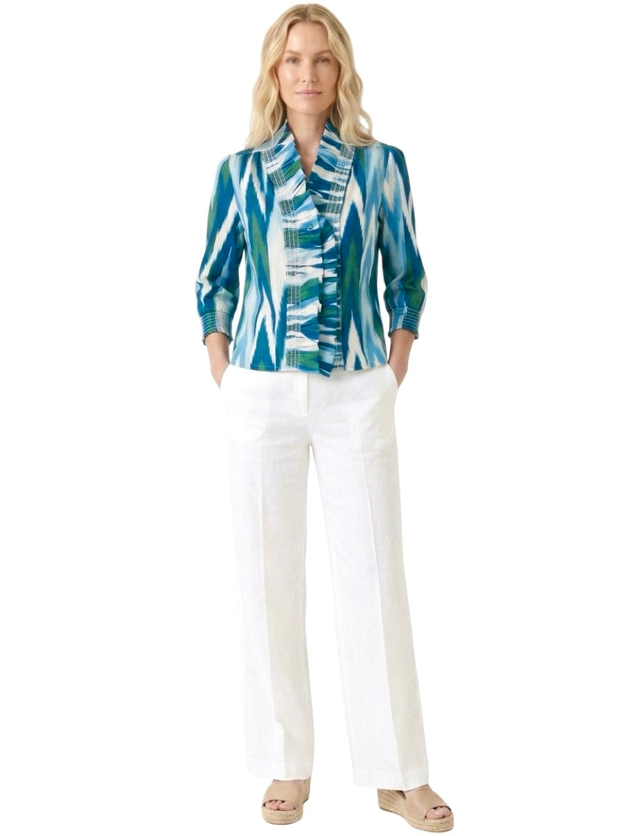 The Amelia Ruffle Front Smocked Top in Green Blue Geometric Ikat