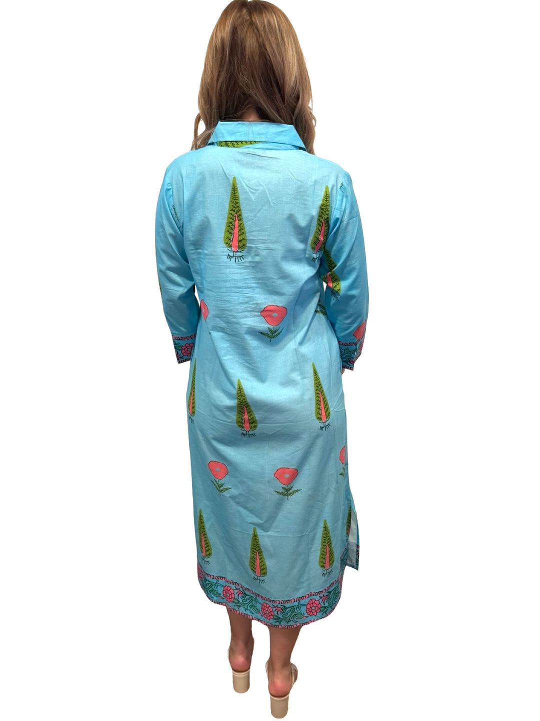 The Lisette Cotton Border Print Dress in Aqua Blue and Pink — view 4