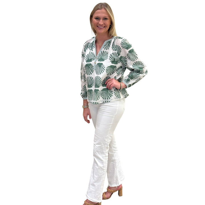 The Chandler Hand Blocked Cotton Top in Green Shell Print Cotton — view 4