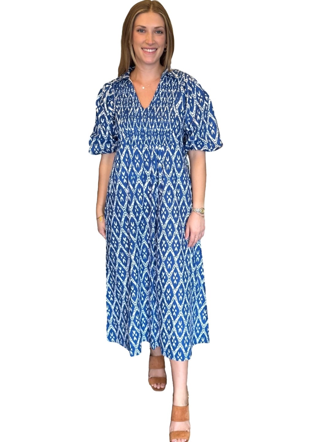 The Joanie Smocked Dress in Blue White Ikat