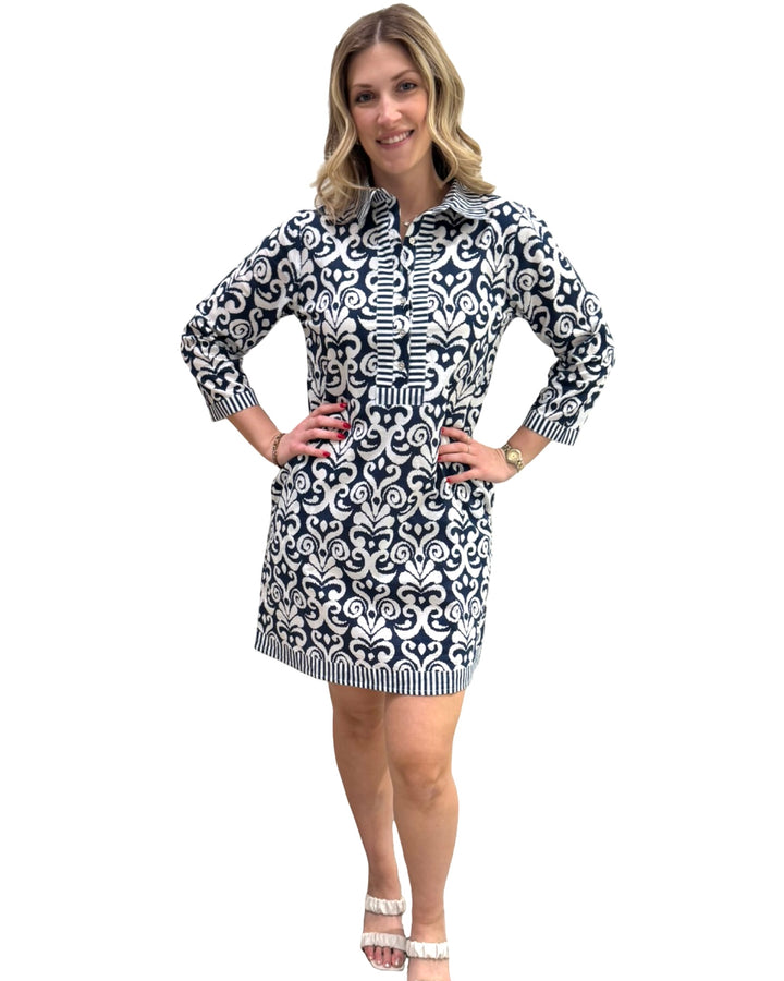 The Annika Cotton Dress in Navy and White — view 3