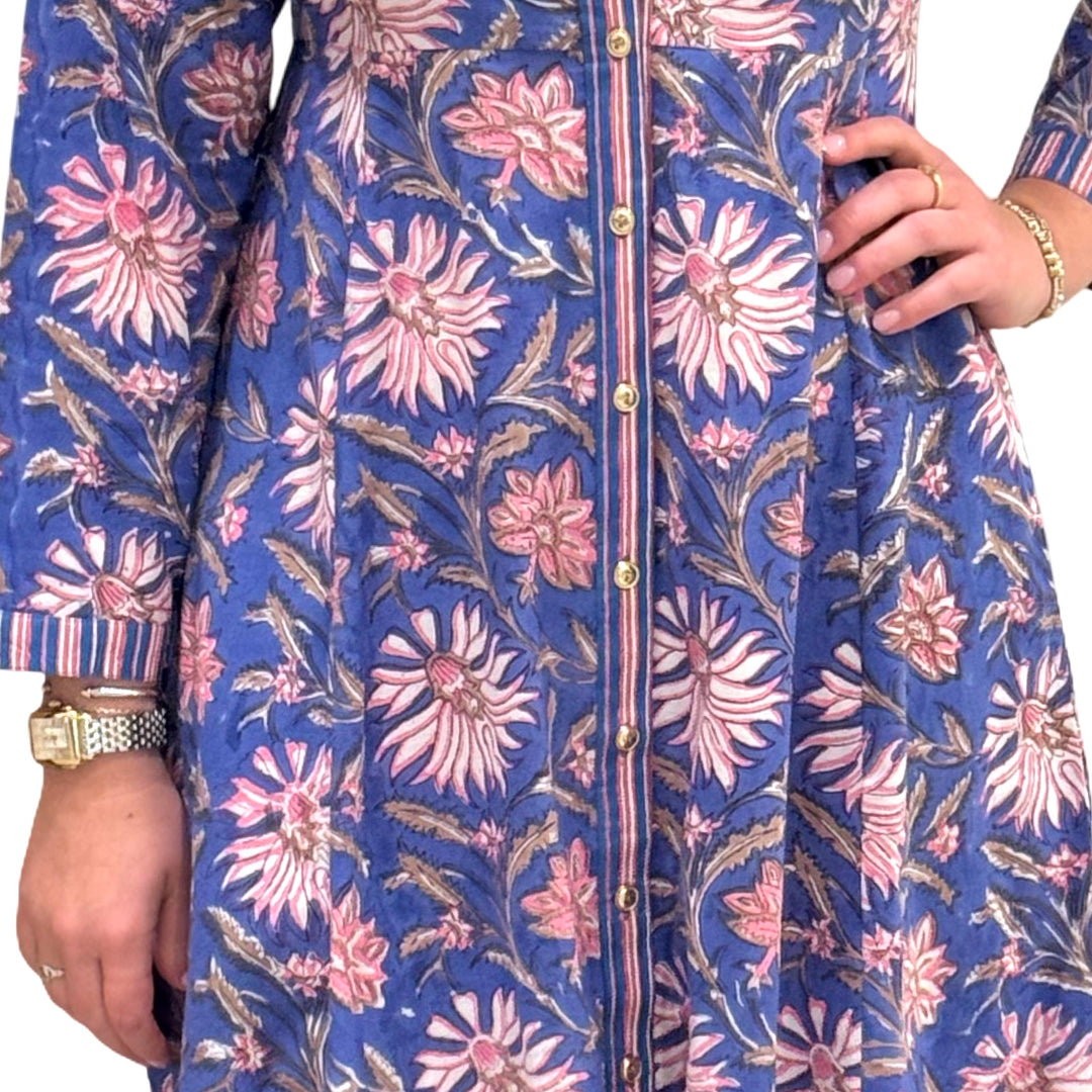 The Marion Lavender Blue and Pink Floral Hand Block Printed Dress — view 6