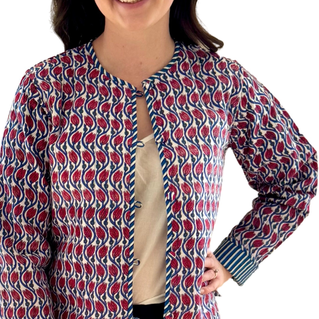 The Madeline Reversible Quilted Jacket in Blue and Red Hand Blocked Floral — view 2