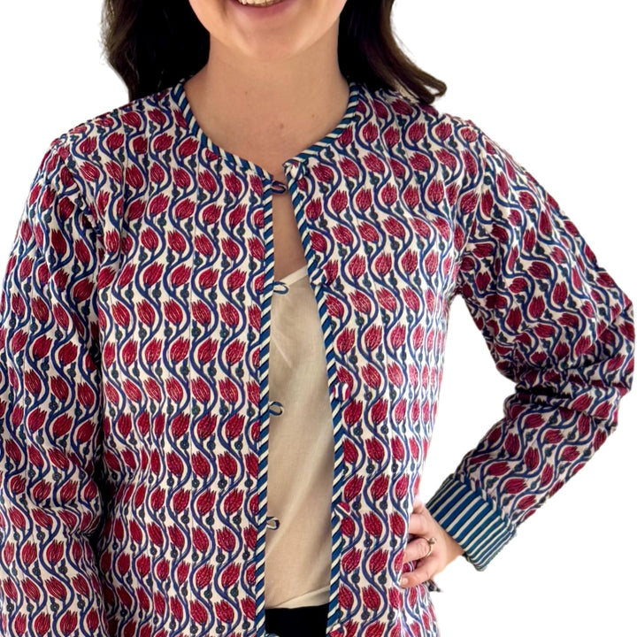 The Madeline Reversible Quilted Jacket in Blue and Red Hand Blocked Floral — view 2