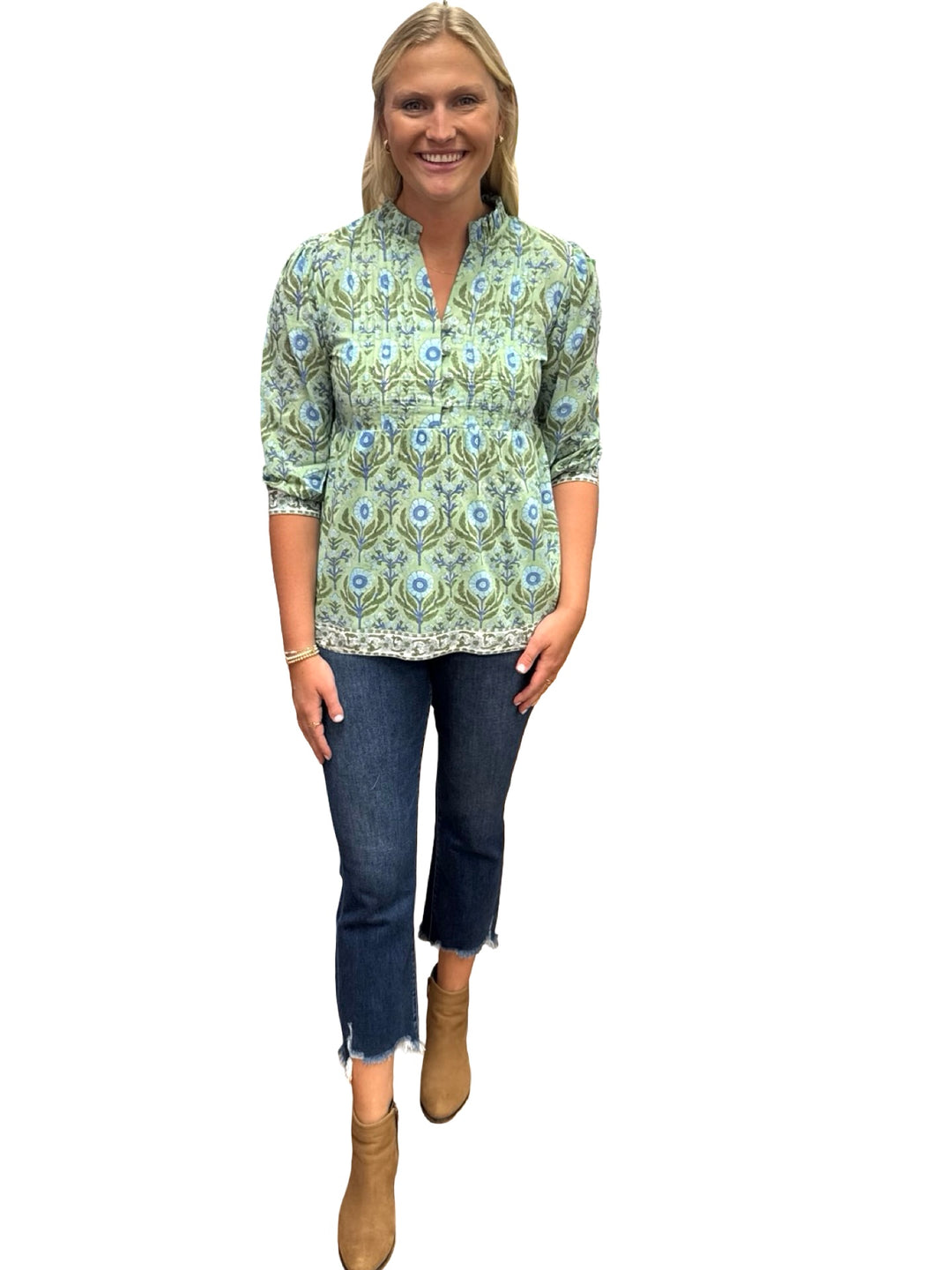 The Mandy Button Front Top in Green Hand-block Printed Floral