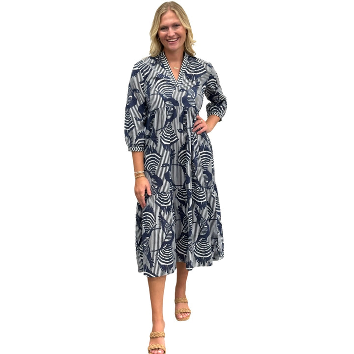 The Morley Striped Bird Print Dress in Navy and White — view 3