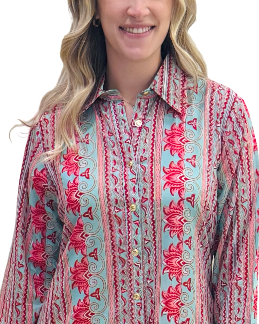 The Erika Button Front Dress in Turquoise and Red Hand-block Printed Cotton — view 2