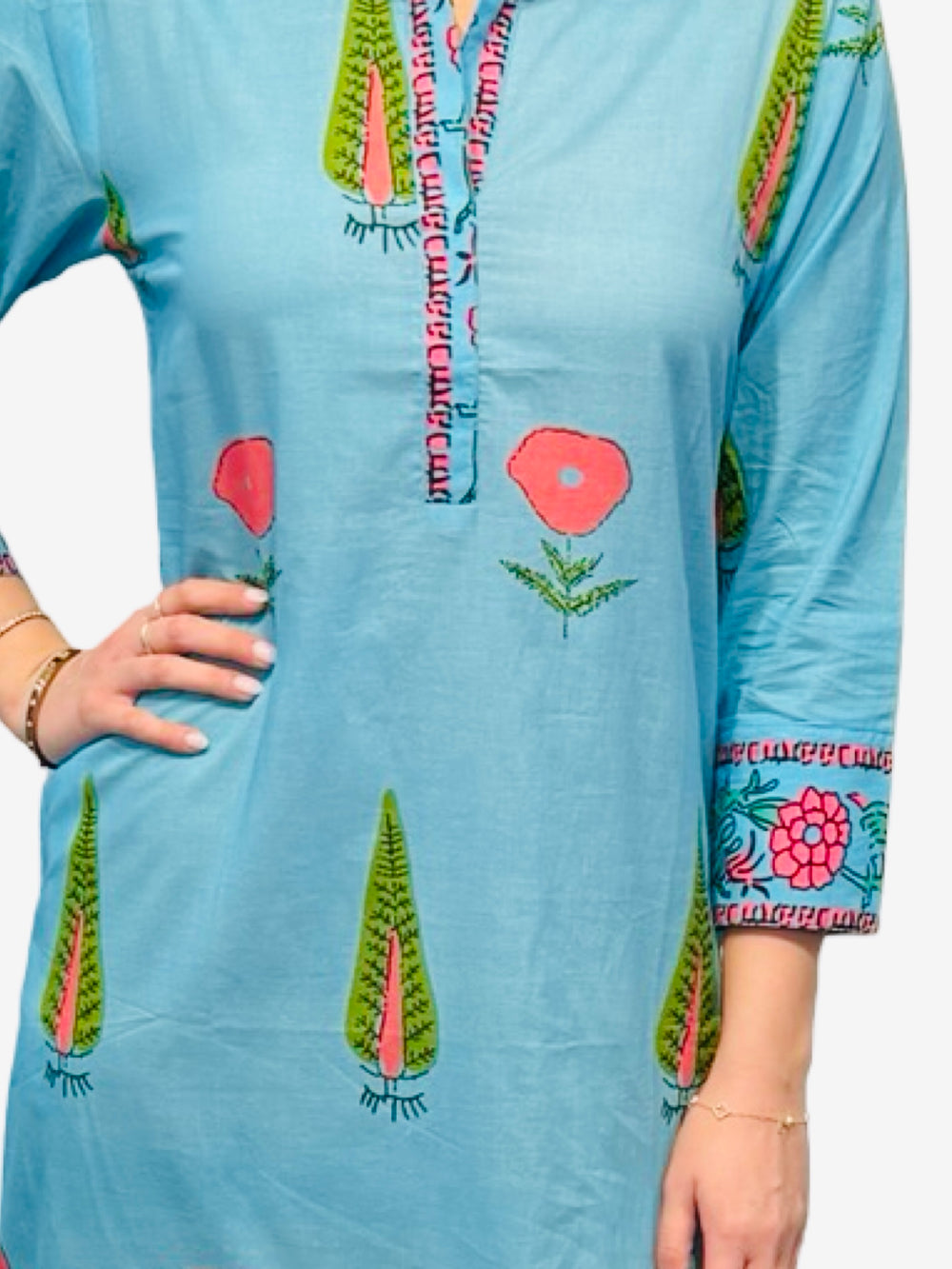 The Lisette Cotton Border Print Dress in Aqua Blue and Pink — view 2
