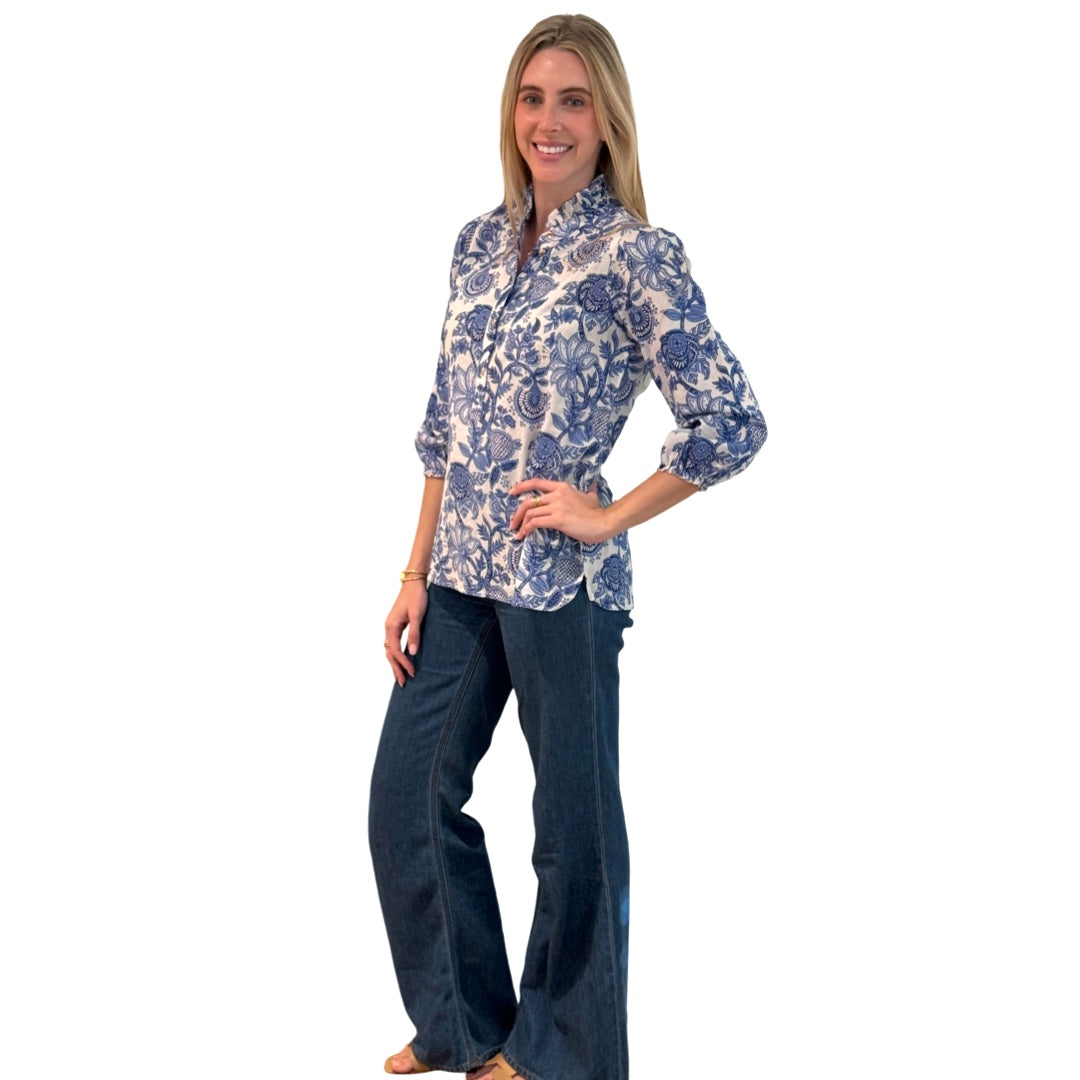 The Tricia Hand Blocked Floral Top in White and Blue Floral — view 4