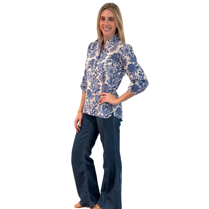 The Tricia Hand Blocked Floral Top in White and Blue Floral — view 4