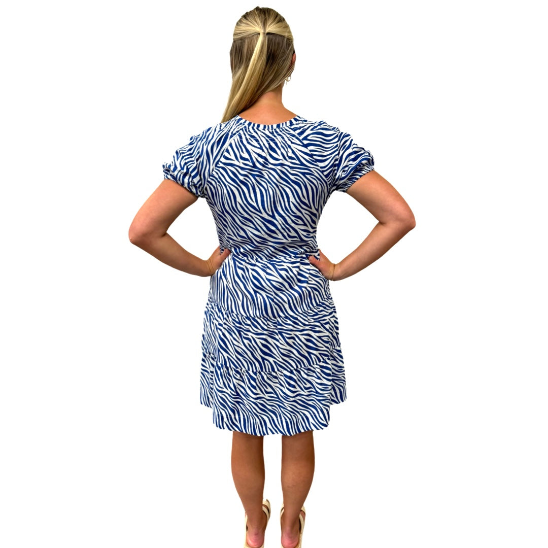 The Dahlia Smock Neck Dress in Blue Zebra — view 5