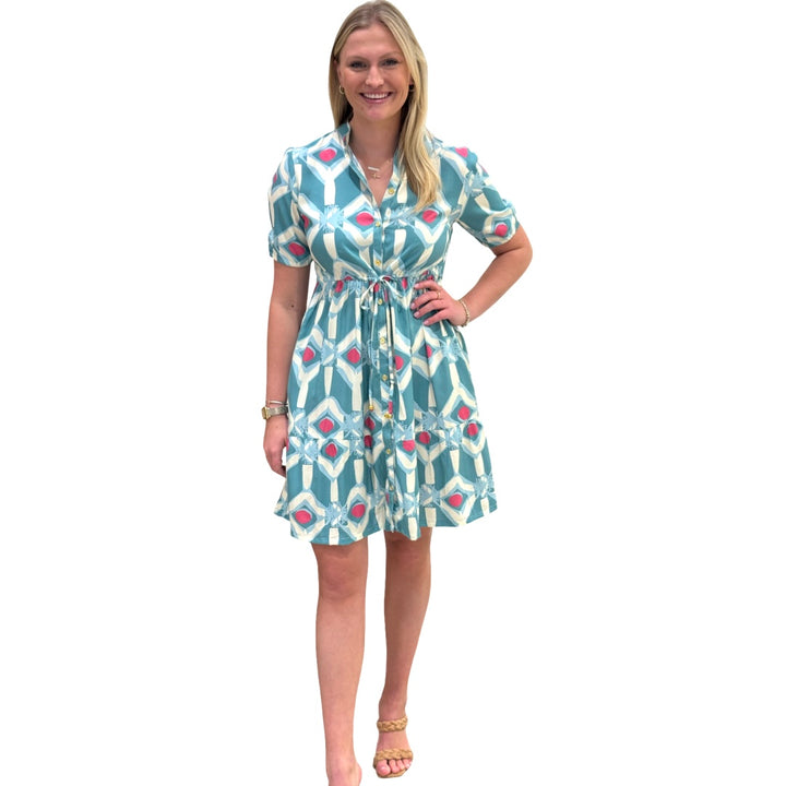 The Hamilton Sage Pink Geometric Print Cinch Tie Waist Short Sleeve Dress — view 2