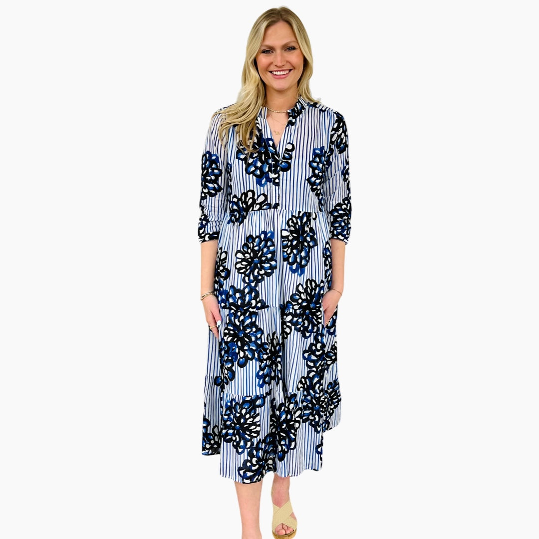 The Campbell Striped Floral 3/4 Sleeve Midi Dress in Blue and White – Liza  Byrd