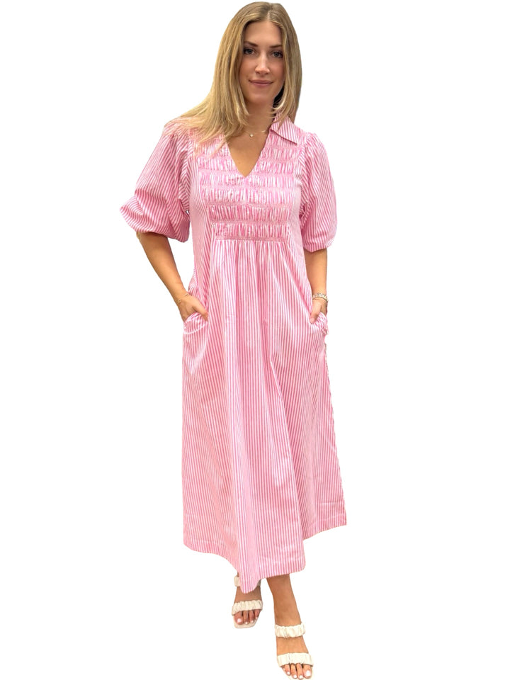 The Joanie Smocked Dress in Pink and White Stripe — view 7