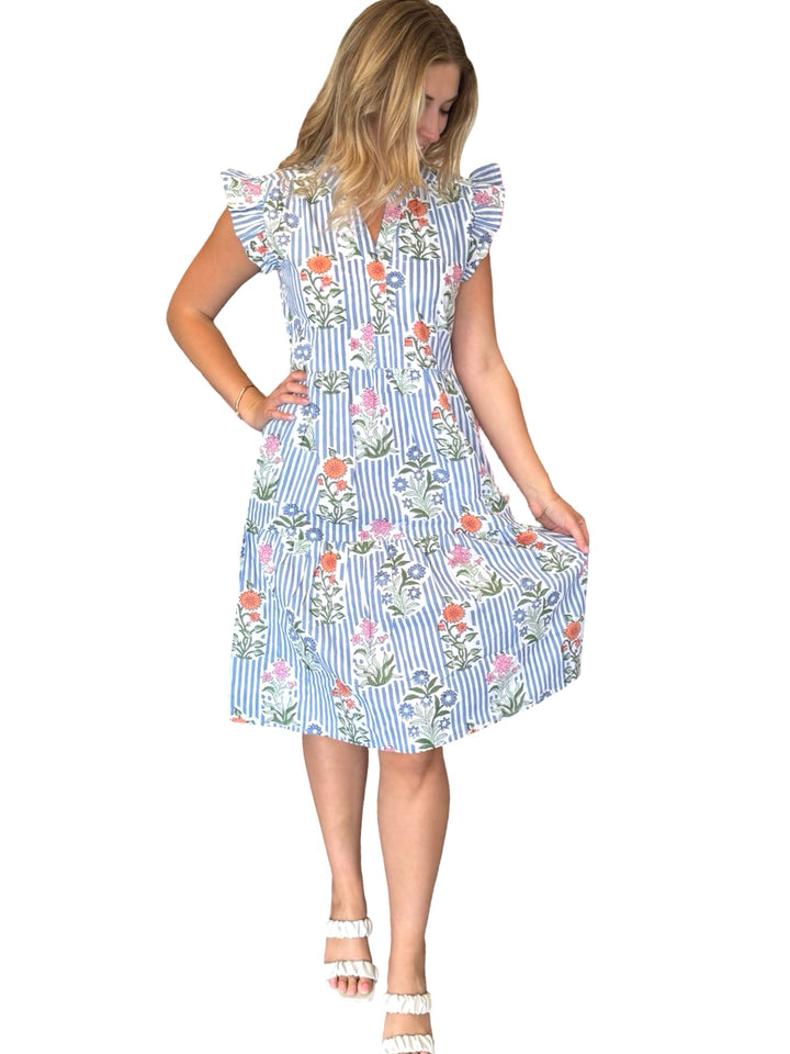 The Campbell Midi Length Flutter Sleeve Dress in Blue Striped Floral — view 5