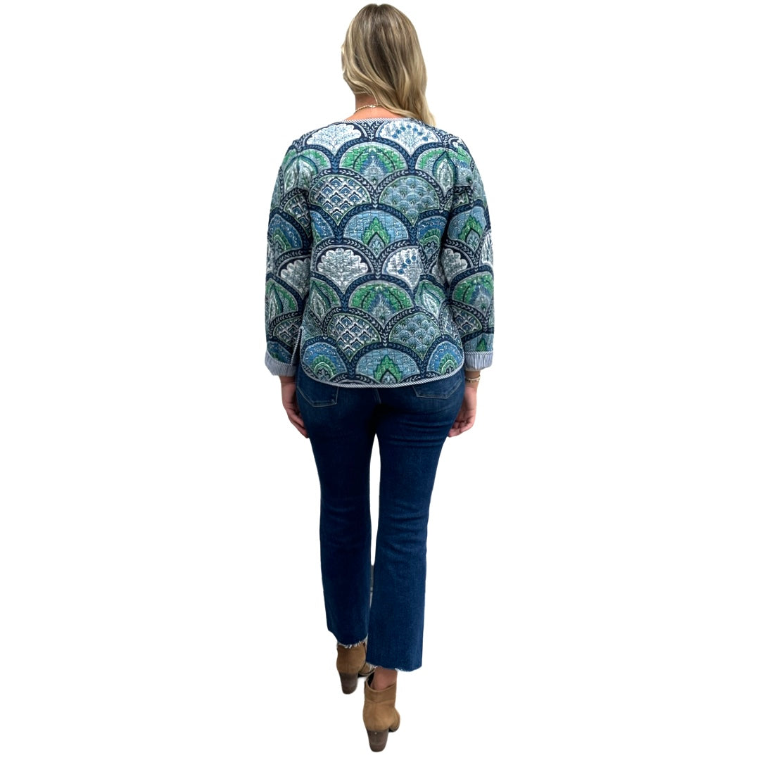 The Madeline Reversible Quilted Jacket in Multi Green Blue Cotton — view 7