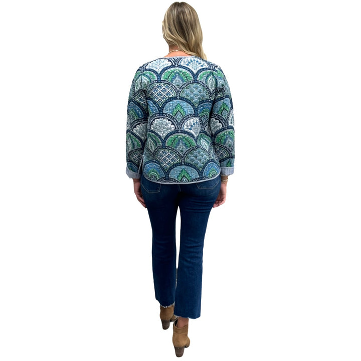 The Madeline Reversible Quilted Jacket in Multi Green Blue Cotton — view 7