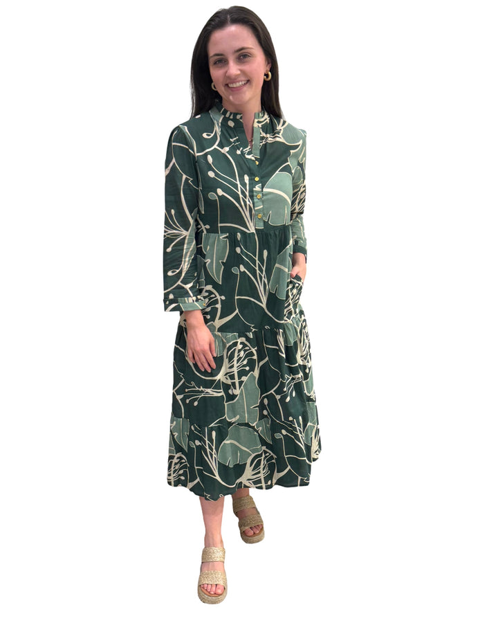 The Penny Long Length Cotton Dress in Tropical Green Abstract Cotton — view 2