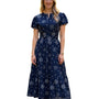 The Sydney Long Cinch Waist Dress in Blue White Embroidered Floral