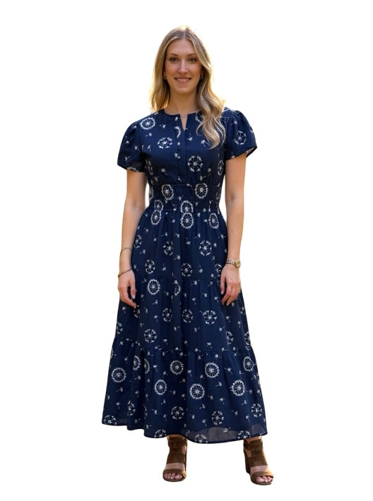 The Sydney Long Cinch Waist Dress in Blue White Embroidered Floral