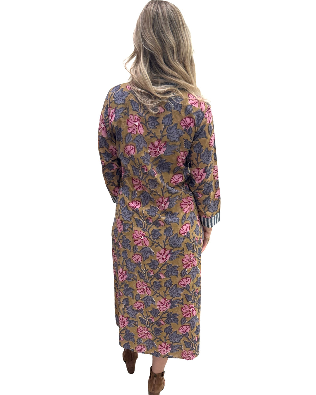 The Erika Dress in Camel Hand Block Printed Floral — view 5