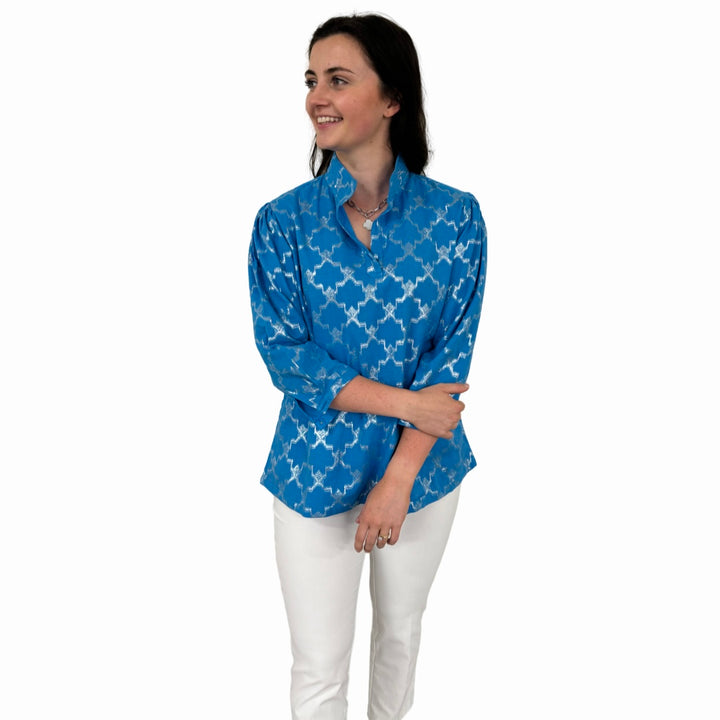 The Shipley Stand-Up Collar Top in Brilliant Blue and Silver — view 10