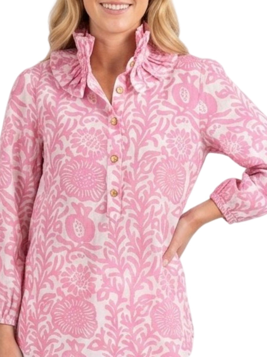 The Maria Ruffle Neck Blouse in Pink White Floral
