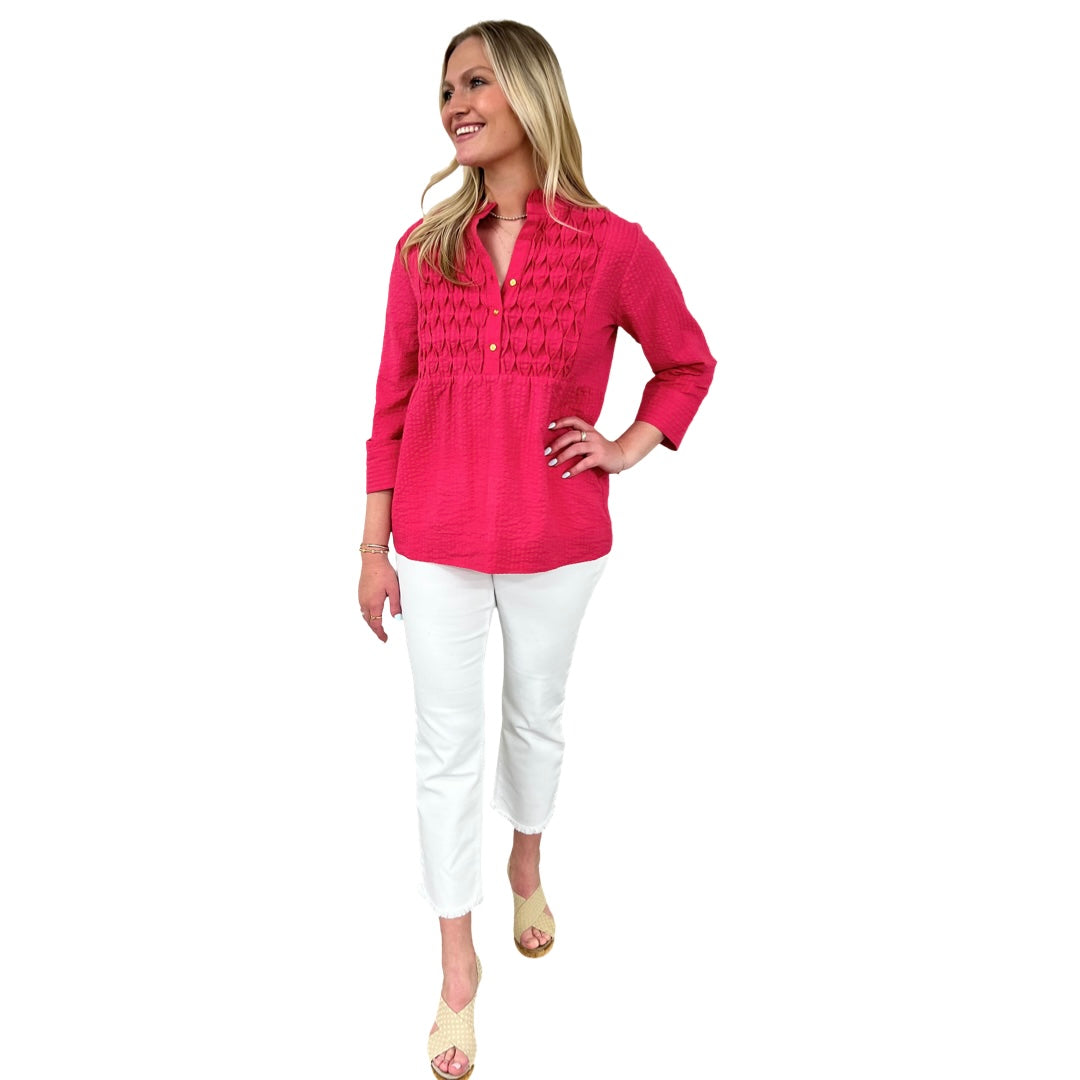The Veronica Seer-Sucker Cotton Smocked Top in Fuschia Pink — view 4