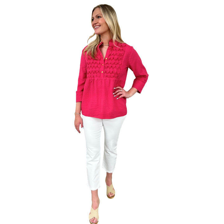 The Veronica Seer-Sucker Cotton Smocked Top in Fuschia Pink — view 4