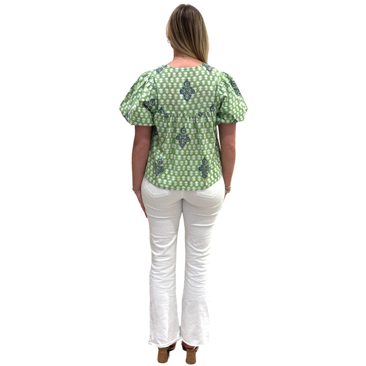 The Poppy Puff Sleeve Top in Lime Floral Hand-Block — view 5