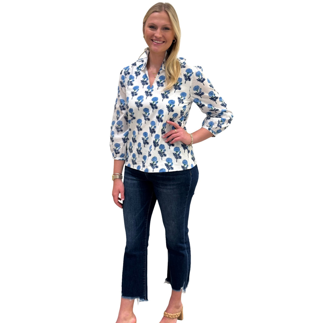 The Laurel Ruffle Collar Top in White and Blue Hand Blocked Floral — view 4