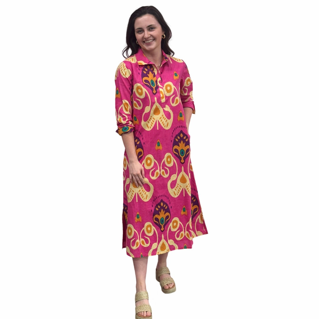 The Lisette Collared Dress in Pink Ikat