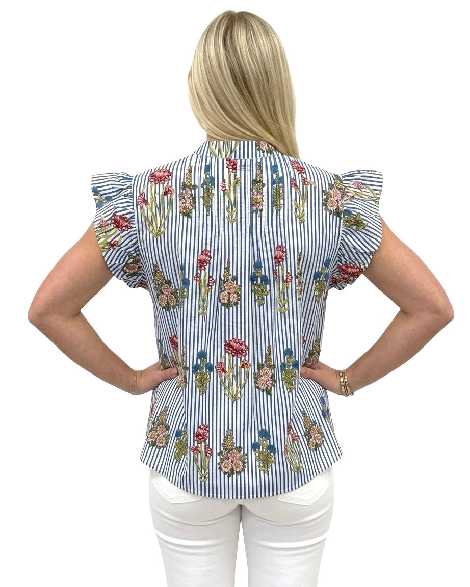The Ava Pintuck Flutter Sleeve Top in Blue Striped Floral Hand Block — view 4