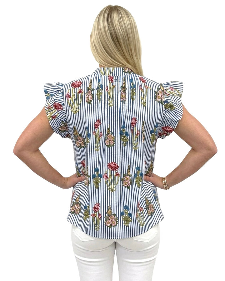 The Ava Pintuck Flutter Sleeve Top in Blue Striped Floral Hand Block — view 4