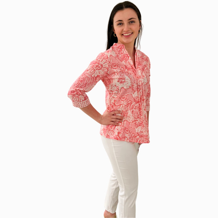 The Eloise Cotton Block Print Top in Pink Petunia Floral — view 4