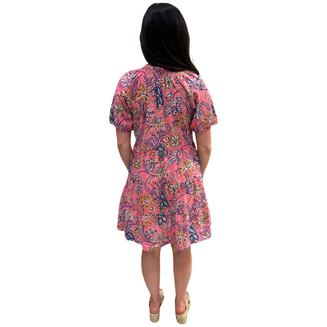 The Dahlia Smocked Neck Short Sleeve Dress in Pink Cotton Floral Hand Blocked Cotton — view 5