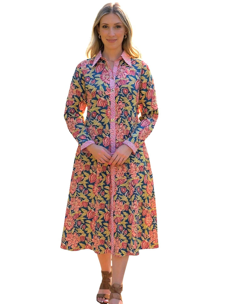 The Marion Hand Block Printed Button Front Dress in Green Red Floral — view 6