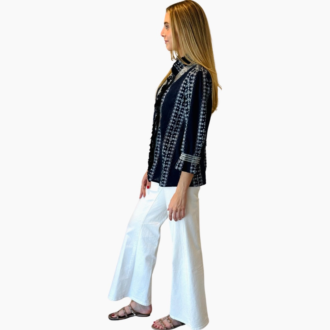 The Amelia Smocked Ruffle Front Top in Navy and White — view 4