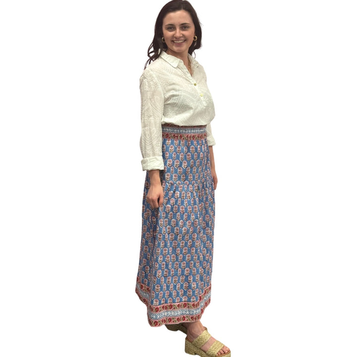 The Lila Border Trim Skirt in Blue and Pink Hand Blocked Cotton — view 10