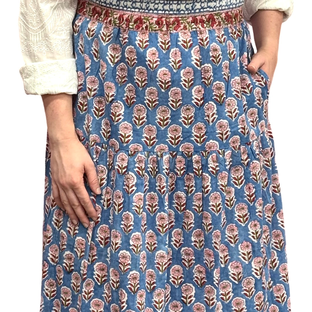 The Lila Border Trim Skirt in Blue and Pink Hand Blocked Cotton — view 5