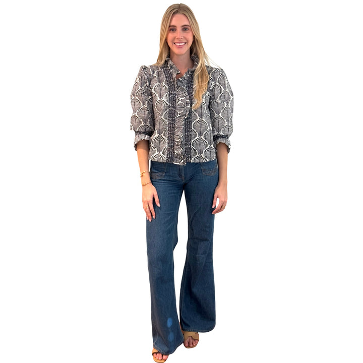 The Amelia Ruffle Front Top in Navy and White — view 3