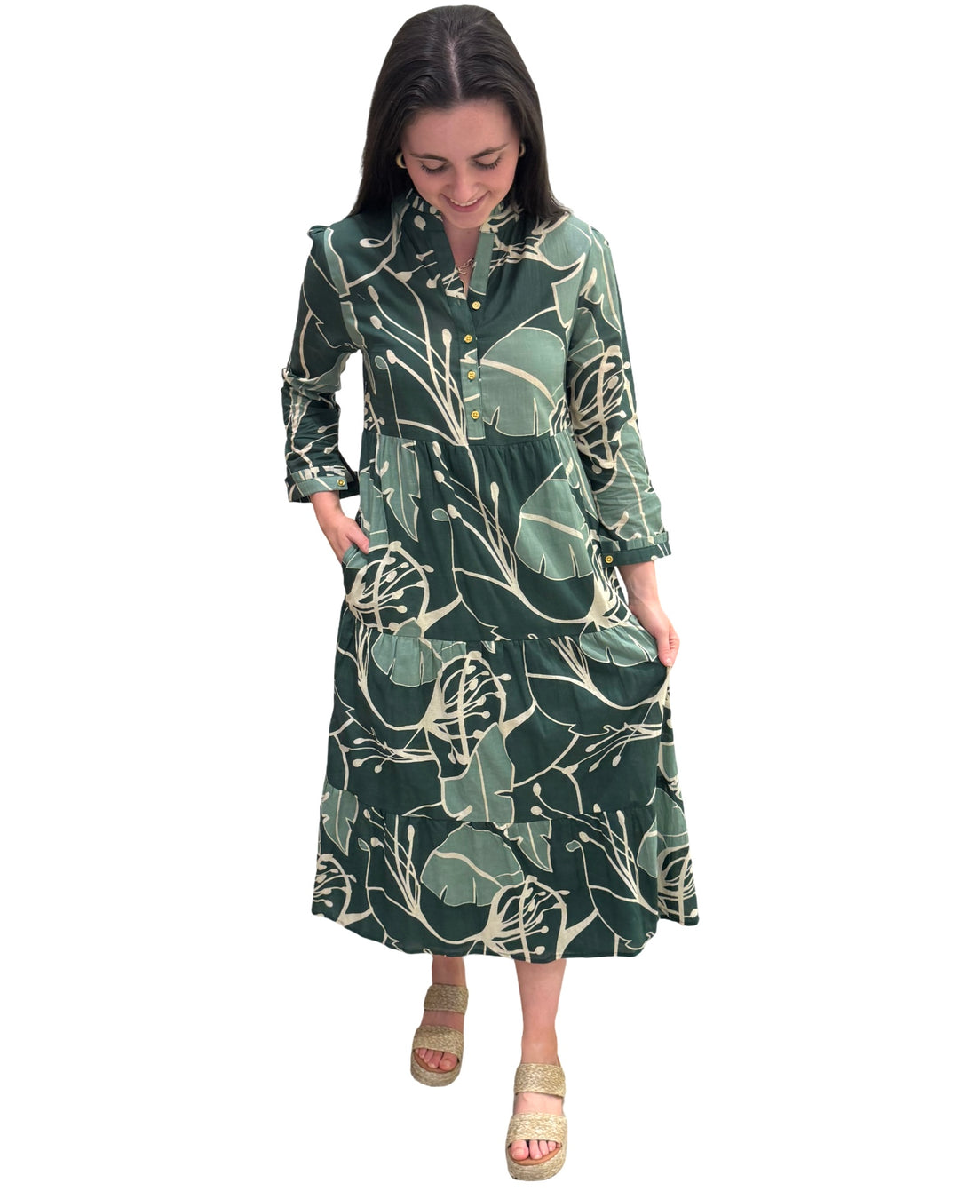 The Penny Long Length Cotton Dress in Tropical Green Abstract Cotton — view 4