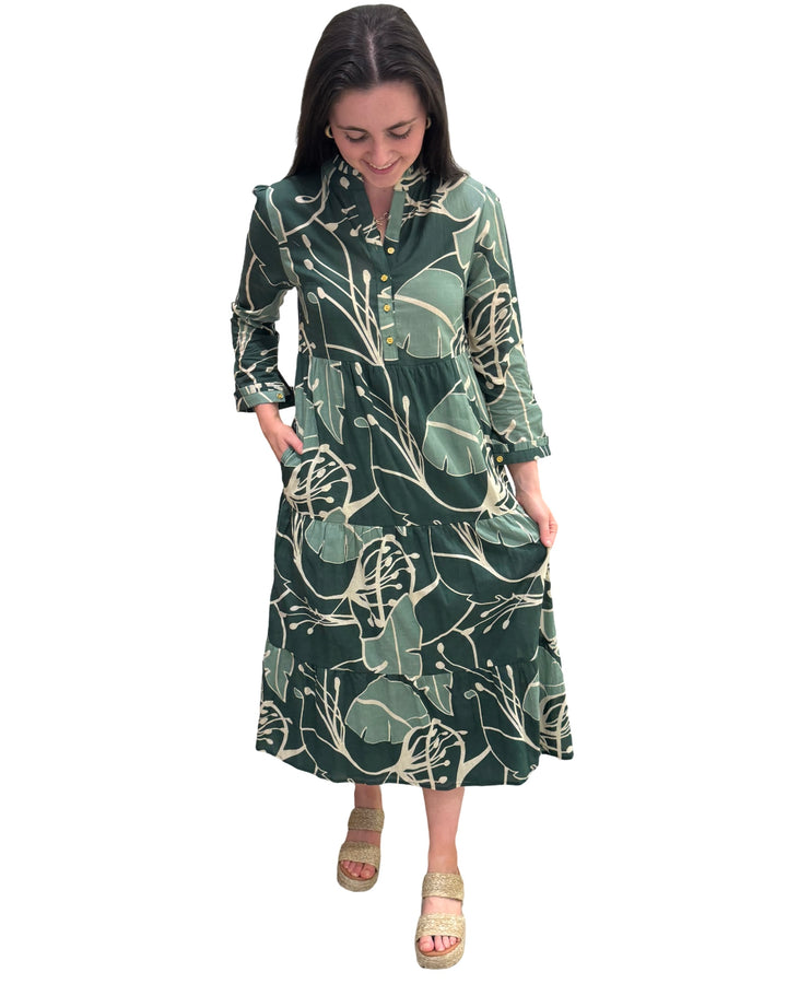 The Penny Long Length Cotton Dress in Tropical Green Abstract Cotton — view 4