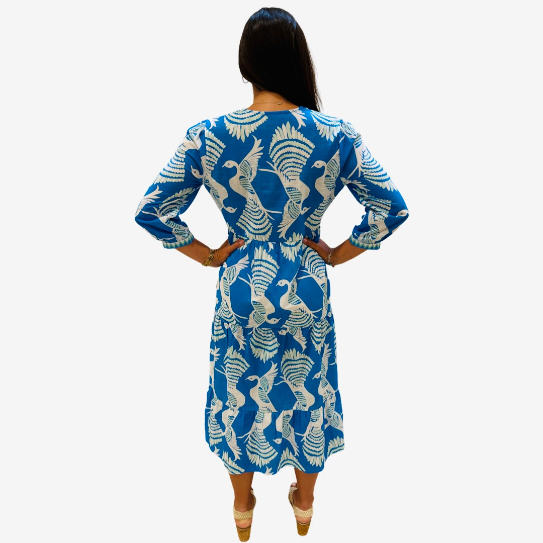 The Daniella Embroidered Trim Cotton Dress in Blue Green Bird Print — view 5